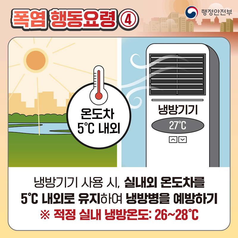 폭염 행동요령④ 냉방기기 사용 시, 실내외 온도차를 5℃ 내외로 유지하여 냉방병을 예방하기 ※ 적정 실내 냉방온도: 26~28℃