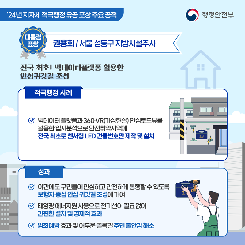 <대통령표창>권용희/서울 성동구 지방시설주사 전국 최초! 빅데이터 플랫폼 활용한 안심귀갓길 조성 (적극행정 사례) 1. 빅데이터 플랫폼과 360-VR(가상현실)안심로드뷰를 활용한 입지분석으로 안전취약지역에 전국 최초로 센서형 LED 건물번호판 제작 및 설치 (성과) 1.야간에도 구민들이 안심하고 안전하게 통행할 수 있도록 보행자 중심 안심 귀갓길 조성에 기여 2.태양광 에너지원 사용으로 전기선이 필요 없어 간편한 설치 및 경제적 효과 3.범죄예방 효과 및 어두운 골목길 주민 불안감 해소