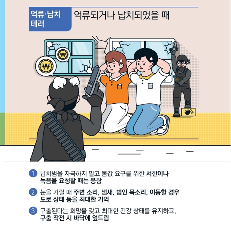 [억류·납치 테러] 억류되거나 납치되었을 때 입니다. 1)납치범을 절대 자극하지 말고 몸값 요구를 위한 서한이나 녹음을 요청받으면 응해야 합니다. 2)눈을 가릴 때 주변 소리, 냄새, 범인 목소리, 이동할 경우에는 도로 상태 등을 최대한 기억하면 도움이 됩니다. 3)구출된다는 희망을 갖고 최대한 건강 상태를 유지하고, 구출 작전 시 바닥에 엎드려야 해요.