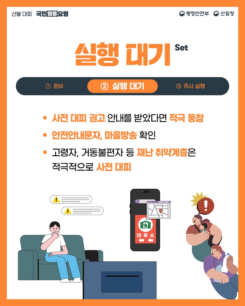 <실행 대기 Set> ②실행대기 -사전 대피 권고 안내를 받았다면 적극 동참 -안전안내문자, 마을방송 확인 -고령자, 거동불편자 등 재난 취약계층은 적극적으로 사전 대피