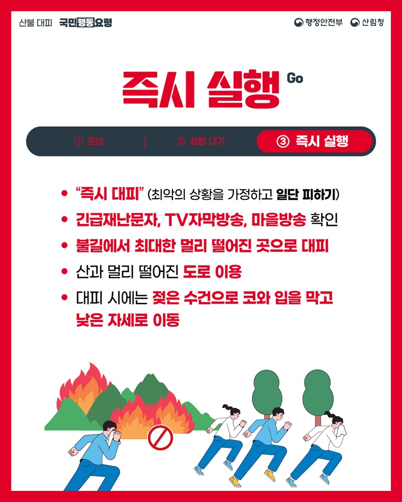 <즉시 실행 Go> ③즉시실행 -"즉시 대피" (최악의 상황을 가정하고 일단 피하기) -긴급재난문자, TV자막방송, 마을방송 확인 -불길에서 최대한 멀리 떨어진 곳으로 대피 -산과 멀리 떨어진 도로 이용 -대피 시에는 젖은 수건으로 코와 입을 막고 낮은 자세로 이동
