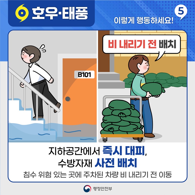 호우•태풍 이렇게 행동하세요! 5 지하공간에서 즉시 대피, 수방자재 사전 배치 침수 위험 있는 곳에 주차된 차량 비 내리기 전 이동
