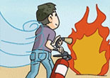 바람을 등지고 불쪽을 향해 소화기를 든 남자 어린이의 이미지