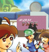 친구들과 놀이동산에 있는 여자 어린이의 이미지