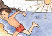 햇볕이 뜨거운 해변에서 달리고 있는 남자 어린이의 이미지