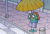 횡단보도 앞에서 시야를 가린채 우산을 바르지 않게 쓴 남자 어린이의 이미지