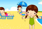 해수욕장에서 준비운동을 하는 여자 어린이의 이미지