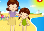 해수욕장에서 엄마와 함께 서있는 여자 어린이의 이미지