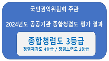 국민권익위원회 주관 2024년 공공기관 종합청렴도 평가 결과
<<종합청렴도 3등급>> 청렴체감도 4등급/청렴노력도 2등급